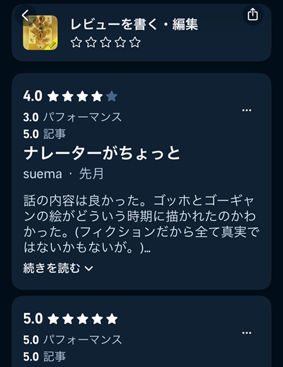 「レビュー」の欄には「記事」とは別に「パフォーマンス」の欄があります。