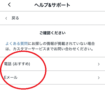 やり取りを続けたあと、「電話（おすすめ）」と「Eメール」が表示されるので、希望する問い合わせ方法をタップ。
