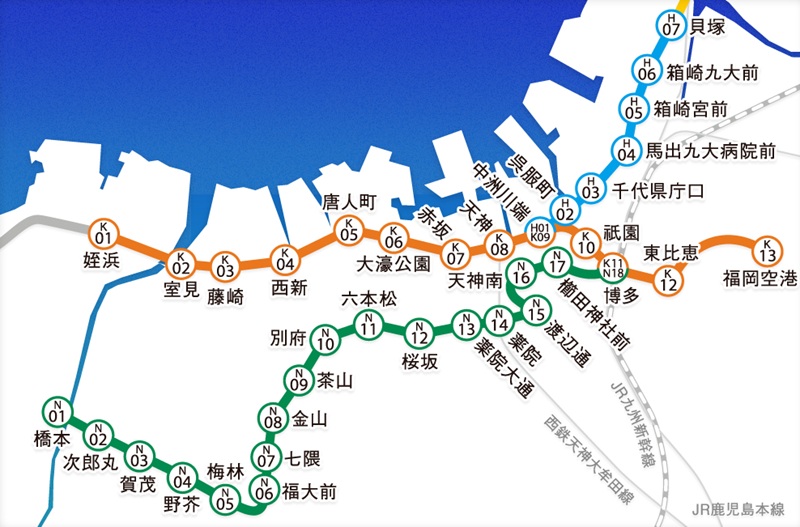 福岡空港〜博多駅 路線図